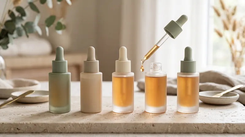A row of AlumierMD serum bottles with a dropper dispensing a golden drop