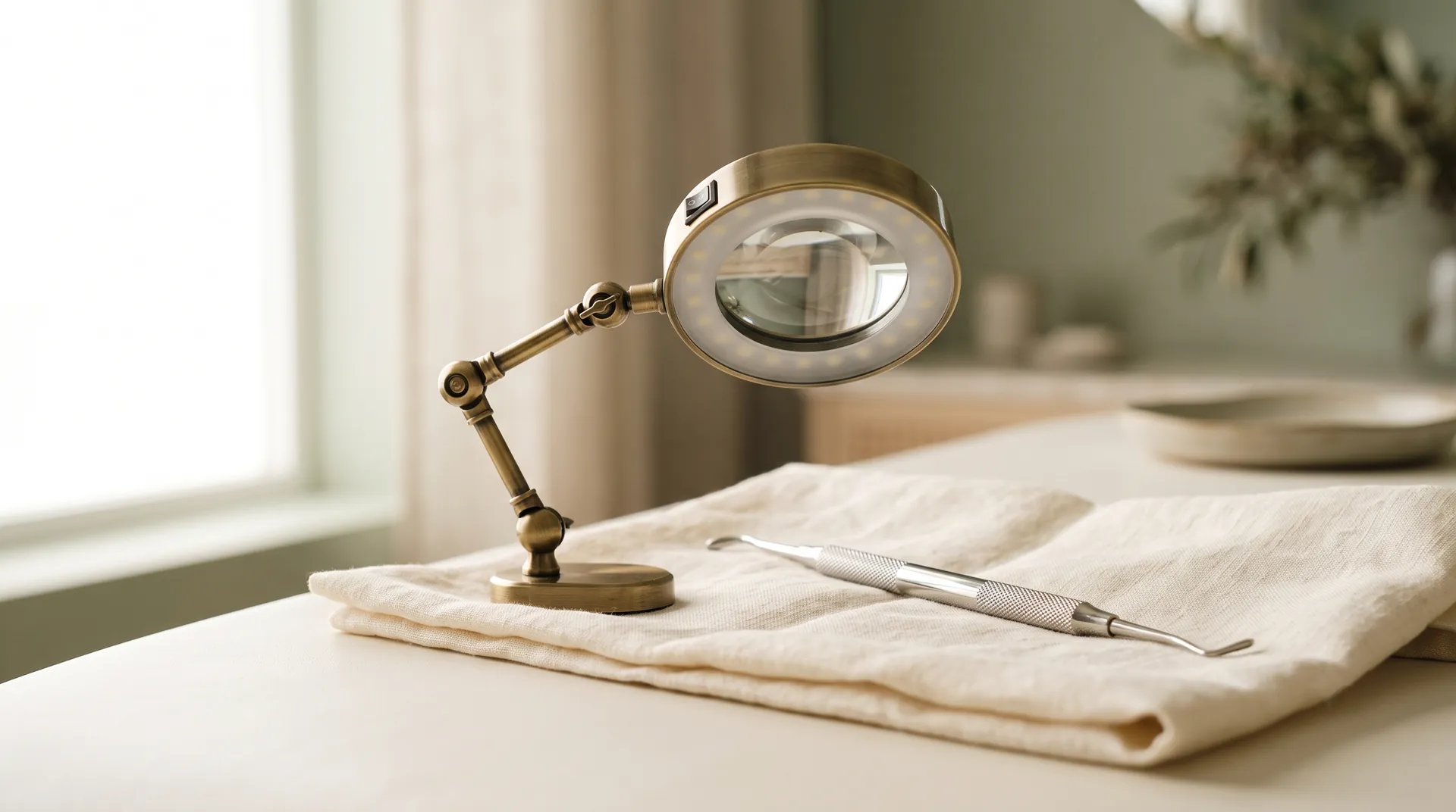 An illuminated magnifying lamp and a fine electrolysis probe on a treatment couch