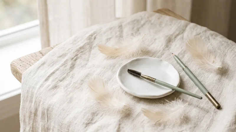 A brow brush and tinting pencil in a small dish, for brow shaping and tinting