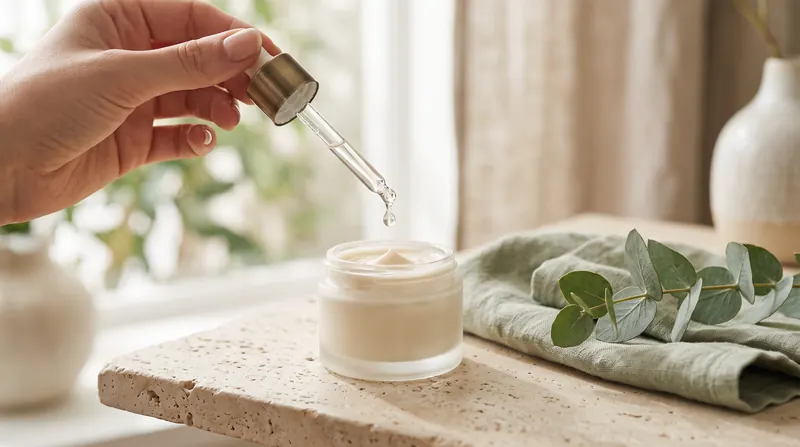 A therapist dispensing facial serum over an open jar of cream at the clinic