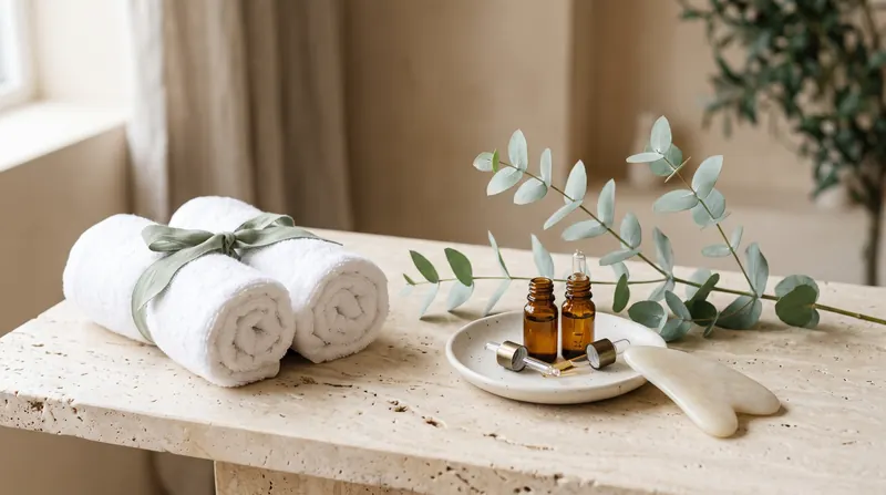 Rolled towels, facial serums and a jade gua sha tool laid out for a Guinot facial