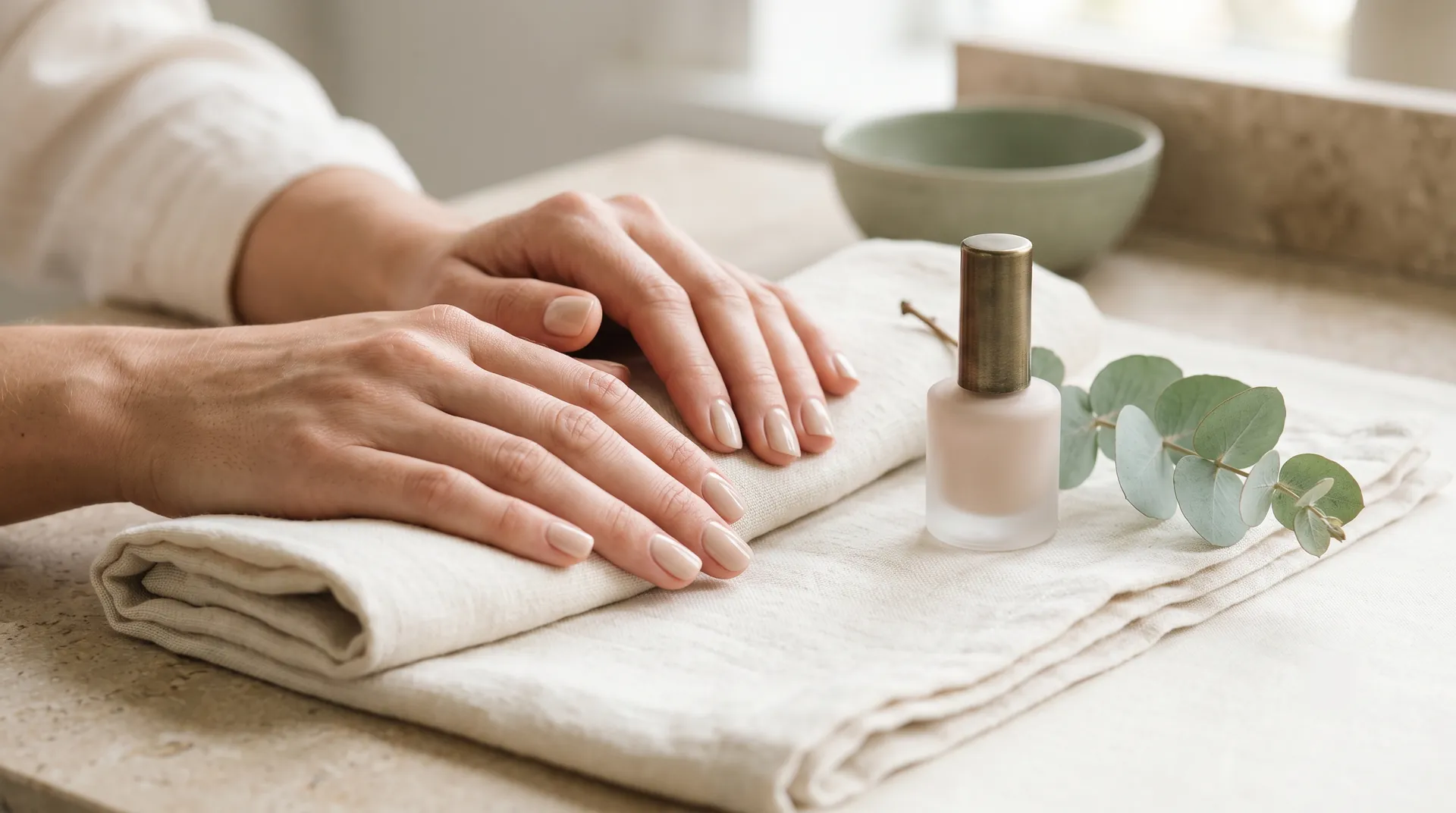 A pair of hands with a natural manicure resting on a towel beside nail polish