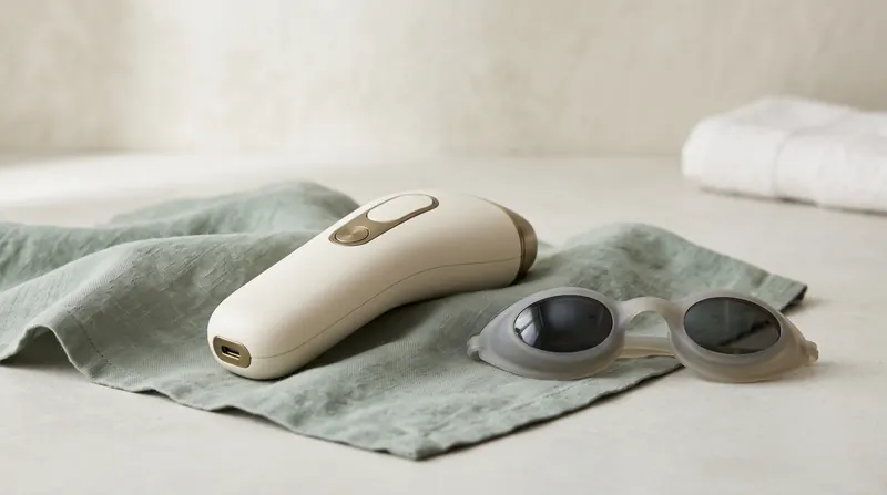 An Ellipse IPL hair-removal handpiece beside protective goggles on a folded cloth