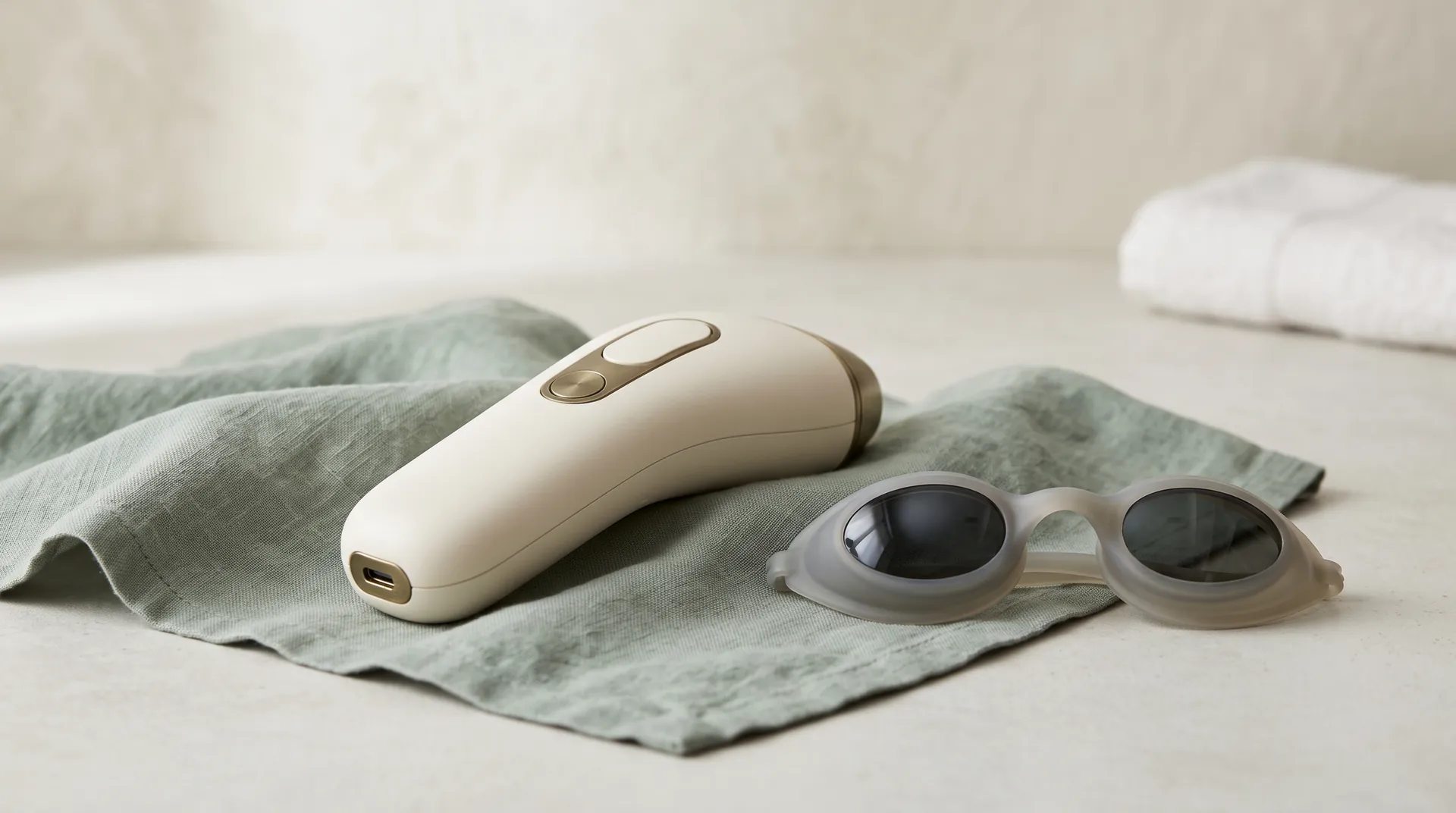 An Ellipse IPL hair-removal handpiece beside protective goggles on a folded cloth