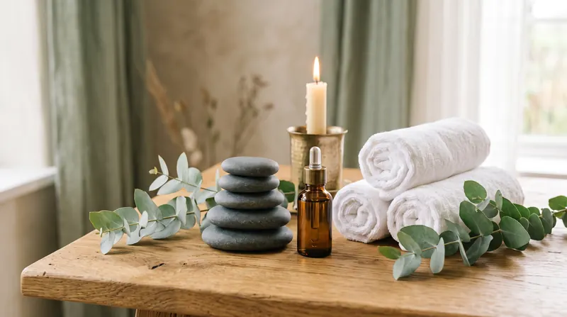 Hot stones, massage oil, a lit candle and rolled towels set out for a massage