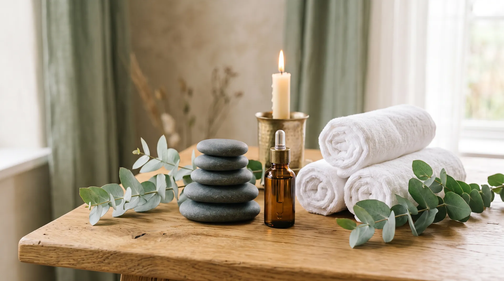 Hot stones, massage oil, a lit candle and rolled towels set out for a massage