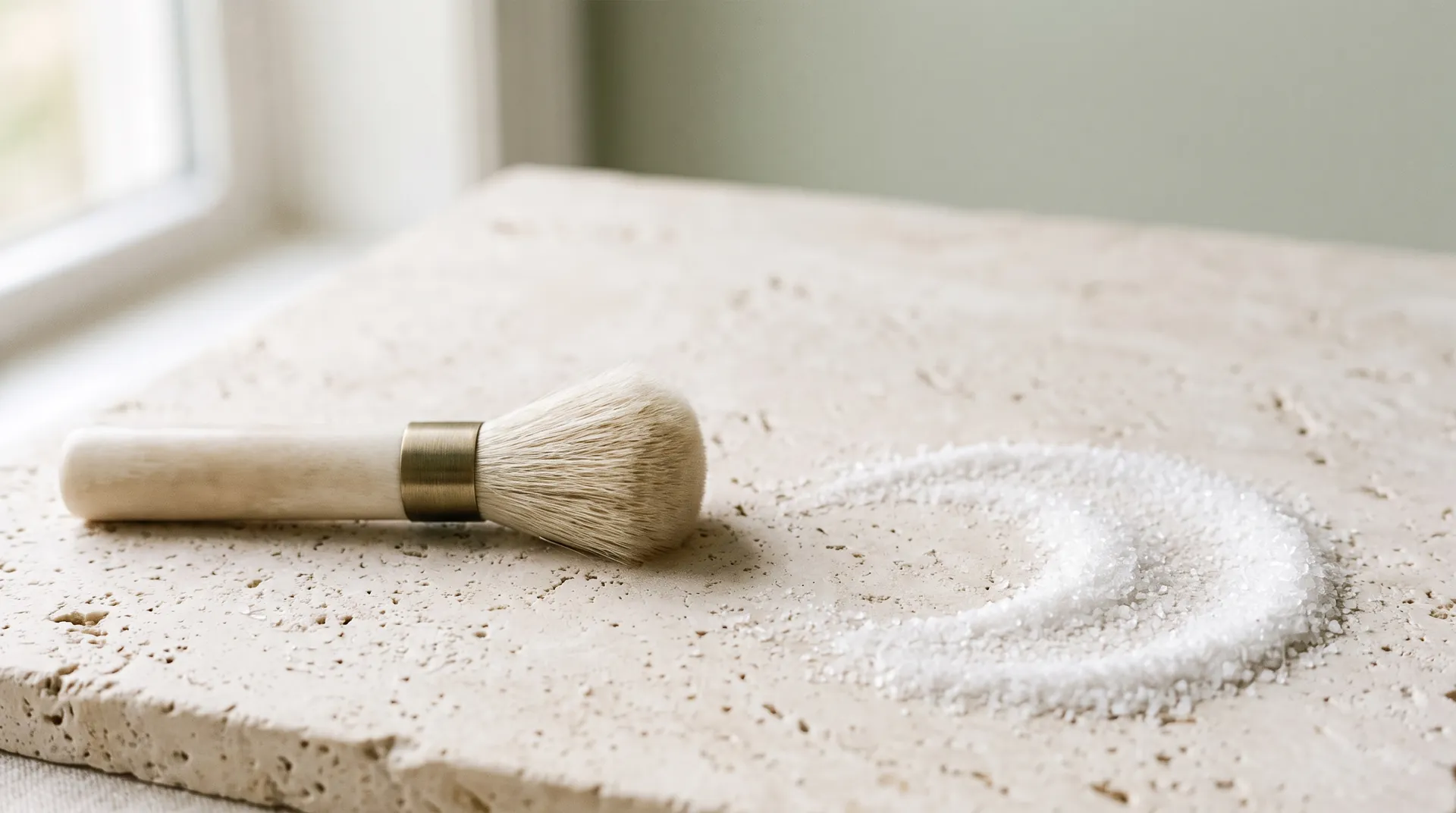 A soft facial brush beside fine exfoliating crystals used in microdermabrasion