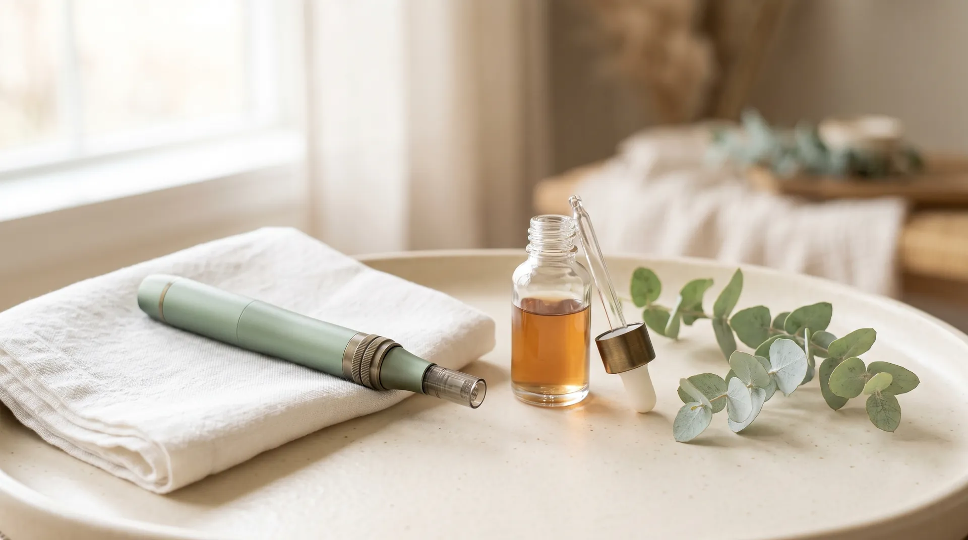 A microneedling pen and serum bottle on a towel in a calm treatment room