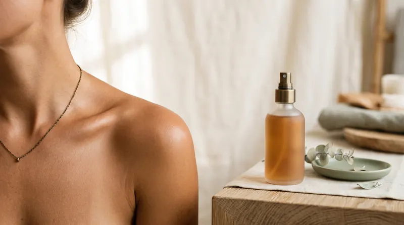 A woman's bronzed, glowing shoulder beside a bottle of tanning mist