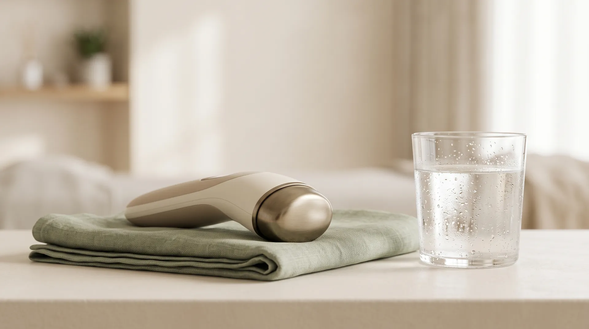 A Venus Freeze radio-frequency handpiece resting on a folded cloth in a calm treatment room