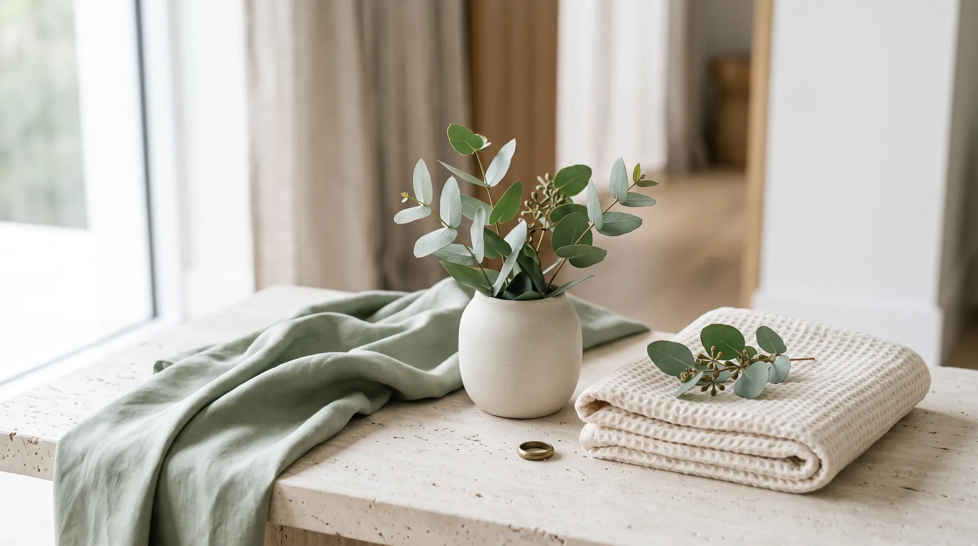 A calm treatment-room setting with eucalyptus, linen and a folded towel